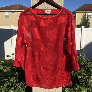 Josie Vintage Blouse Sheer Top Floral Leaf Red Shirt Long Sleeve Christmas XS